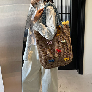 Cute Bow Beach Bag Women's Fashion 2025 New Woven Handbag Niche Casual Straw Tote Bag