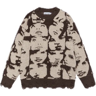 American Autumn New American Retro Pattern Imitation Mink Wool Tattered Effect Round Neck Sweater for Men and Women