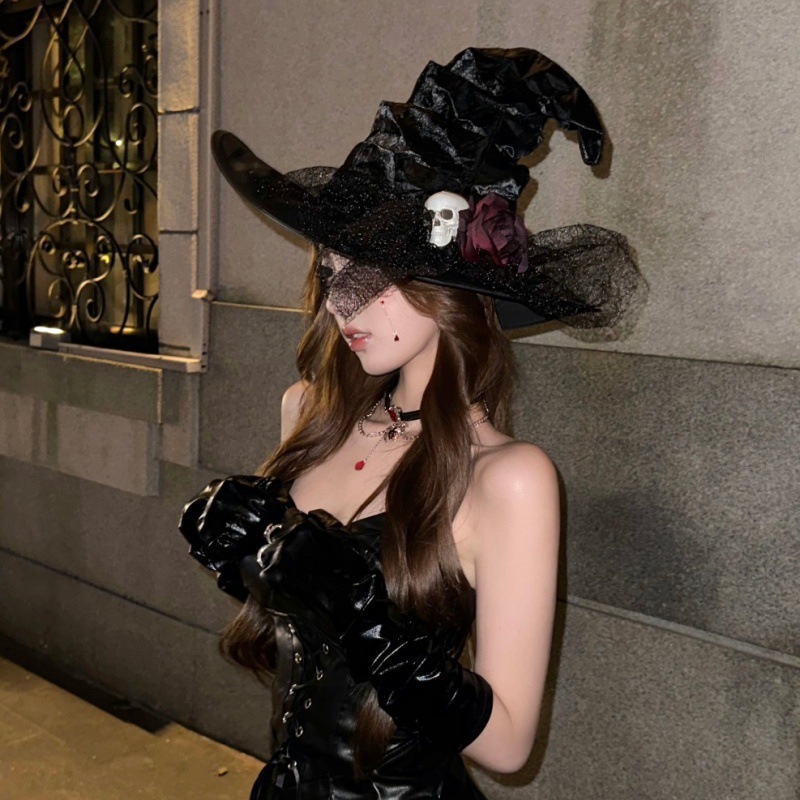 Cross-border Halloween cosplay witch hat, Halloween headdress, black wizard hat, lace bow witch hat