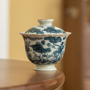 Beige Ruyao Fish Algae Pattern Petals Two Caili Cover Bowl Open Film Tea Bowl Kung Fu Tea Set High-end Household Tea Bowl Single Bowl