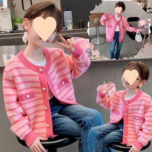 Girls' Spring Cardigan Sweater 2025 New Children's Western Style Girl's Spring and Autumn Powder Striped Top Knitted Sweater Jacket