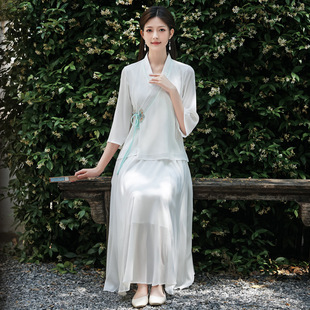 Summer new Chinese style Zen women's clothing Han element cross collar Chinese style hanfu top fairy Ju Shi ear picking clothing