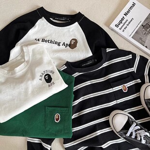 [100 Cotton] Children's Raglan Sleeve 2024 New Autumn Boys' Striped Top Children's Color Matching Autumn Wear Korean