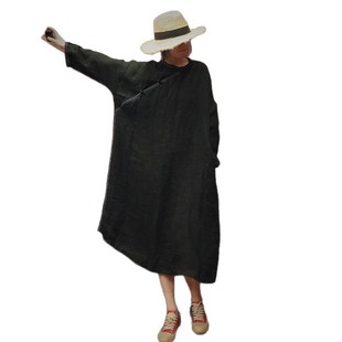 Luoguni Classy Linen Messy Washed Contrasting Loose Slanted Dress 1621
