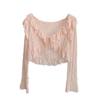Summer thin long sleeve ruffled lace-up pink sunscreen cardigan fairy lace outer short shawl coat