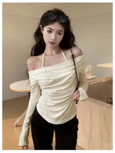 Various Wearable Neck Hanging Fake Two-piece Long-sleeved T-shirt Women's Pure Wish Style Wing Collar Autumn and Winter Slim-fit Sexy Elegant Top for Women