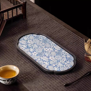 Chinese Style Vintage Tea Tray Living Room Kung Fu Tea Set Blue and Flower Ceramic Small Tea Tray Zen Tea Pad Small Dry Soaking Table