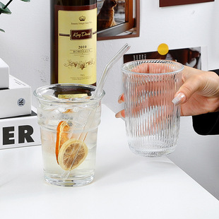 Ins Style Niche Wide Mouth Coffee Cup Fruit Tea Cup Glass Milk Tea Drink Fruit Juice Cup Cold Drink Cup Striped Cup