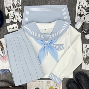 Original JK uniform summer fresh wind cute wind sailor suit water blue and white three school for Japanese students class clothes