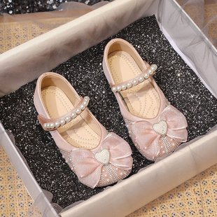 Princess Shoes Girls' Spring and Autumn 2025 New Children's Leather Shoes Crystal Soft Sole Dress Little Girl's Bow Shoes