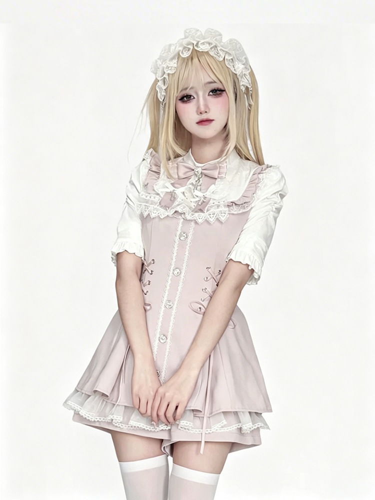 【Snowfall Time】Japanese-Style Lolita Bib Collar Tie Waist Versatile Stand Collar Short-Sleeve Dress Set