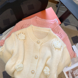 Korean style design sweet three-dimensional flower knitted cardigan autumn and winter new age-reducing gentle wind sweater women's coat
