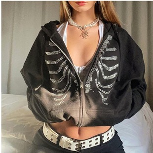 2022 Amazon Street Fashion Casual Solid Color Sternum Hot Drilling Distinctive Zipper Hooded Loose Sweatshirt