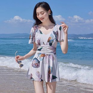 Swimsuit Hot Spring Women's Conservative Flesh-Covering Slimming One-Piece French Style Holiday Fashion Printed Dress Hot Spring Swimsuit