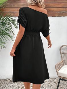 5081 in stock foreign trade goods source spring and summer women's elegant fashion solid color short sleeve dress