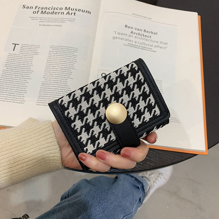 New Houndstooth Canvas Small Wallet Women's Short Contrast Color Folding Coin Clip Multi-Card Buckle Long Clutch Bag