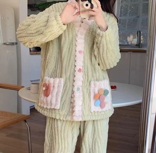 Autumn and Winter new sweet flannel pajamas suit thick warm Korean style fresh fairy style outerwear homewear