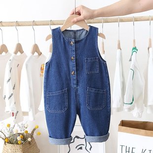 Boys and girls fleece-lined suspenders autumn and winter children's jeans warm western style baby winter padded cotton pants crotch