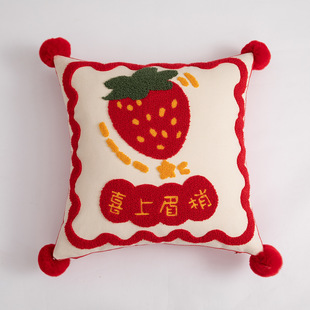 Wedding Red Happy Eyebrow Wedding Room Decoration Pillow Sofa Bedhead Fur Ball Ring Velvet Wedding Happy Word Pillow Case