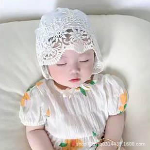 Spring and summer thin baby hat subnet red ocean-style lace flower baby girl cap baby sun hat