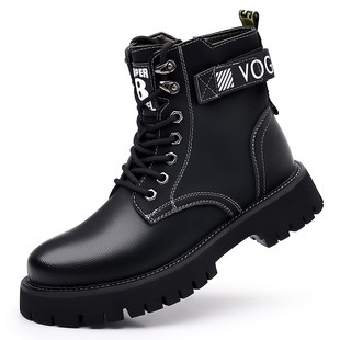 Martin boots men's winter fleece-lined snow boots cotton-padded shoes casual mid-top black leather wool platform outdoor work boots