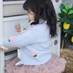2024 New Autumn and Winter Girls Baby Handmade Embroidered Cute Flower Knitted Cardigan Sweater Nordic Ins Style