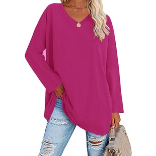 European and American oversized women's T-shirt Amazon foreign trade new color loose off-shoulder sleeve V-neck solid color women's top