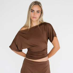 Amazon Cross-Border European and American 25 Summer Women's New Style Slanted Collar Pure Color Pleated Bat Shirt Slim Top Export