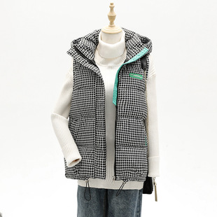 Chanel Style Cotton Vest Women's 2024 Autumn and Winter New Hooded All-match Warm Vest Houndstooth Popular Waistcoat