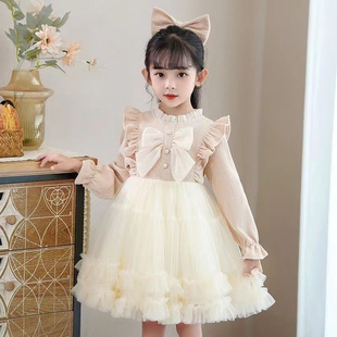 Fashionable foreign style long sleeve dress 2024 autumn and winter girls high sense heavy industry princess dress girls birthday dress