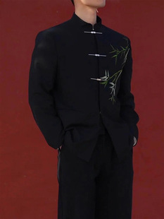 New Chinese Style National Style Chinese Tunic Suit Green Bamboo Airplane Buckle-up Collar Suit Jacket Men's High-end Sense suit Tang Suit Fashionable Suit
