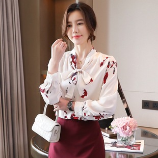 2024 Spring New Explosions Women's Fashion Bow Collar Korean Printed Loose Chiffon Shirt Women's Long Sleeve Shirt
