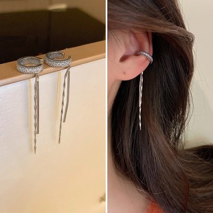 Diamond bow tassel ear clip South Korea sweet cool style personalized creative light luxury earrings fashion niche new earrings