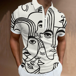European and American foreign trade 2024 summer new fashion casual digital printing polo shirt zipper trend loose T-shirt