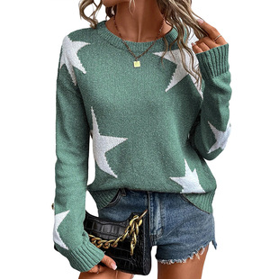 European and American Fashion Warm Shoulder Knitted Pullover Women's 2024 Winter New Star Pattern Crewneck Sweater for Women
