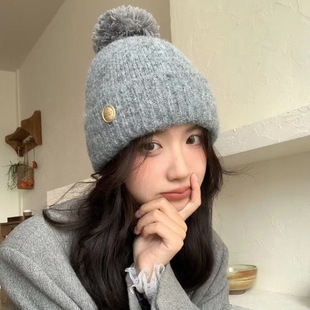 High-grade All-match Wool Hat Women's Winter Warm Thickened Solid Color Fur Ball Knitted Hat Ear Protection Cold Hat Fashionable Face Small