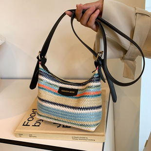 Trendy Fashion Contrast Color Woven Bag Women's 2024 Summer New Ins Simple Casual Dumpling Bag All-match Shoulder Bag