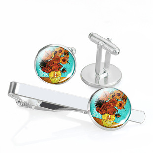 Tie clip cufflinks suit artistic retro Van Gogh art oil painting Starry Night sunflower jewelry boyfriend father gift