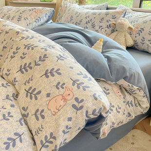 Autumn and Winter thickened brushed raw cotton four-piece set soft breathable warm bed sheet quilt cover ins fresh bedding 4