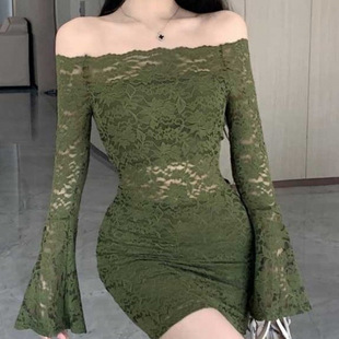 Trumpet Sleeve Lace dress Women's Spring, Summer, Autumn and Winter Hip Dress for Little Mother and Celebrity Women's Shoulder Figure Inner Dress