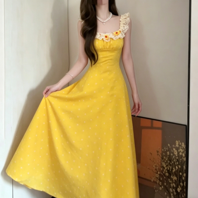 French Resort Style Yellow Dress for Women, Summer 2026 New Trendy Floral Print Strapless Long Dress, Sleeveless