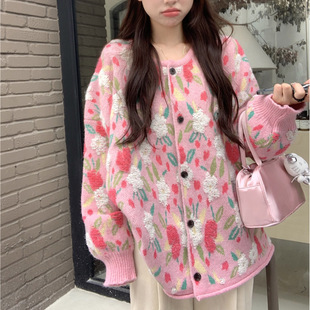 Fat high-end super good-looking lazy style sweater women's autumn and winter new plus size sweet flower pink knitted coat