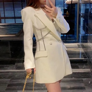 2023 Spring Design Sense Light Luxury Rhinestone Decoration European and American Suit Jacket Mid-length Fashionable Waist Small Suit Skirt
