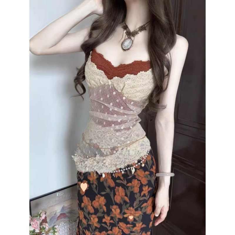 Retro Floral Suspender Skirt 2025 Summer Wear Pure Lust Dress Long Skirt Blouse Suit Sexy Two-Piece Set Slimming Look