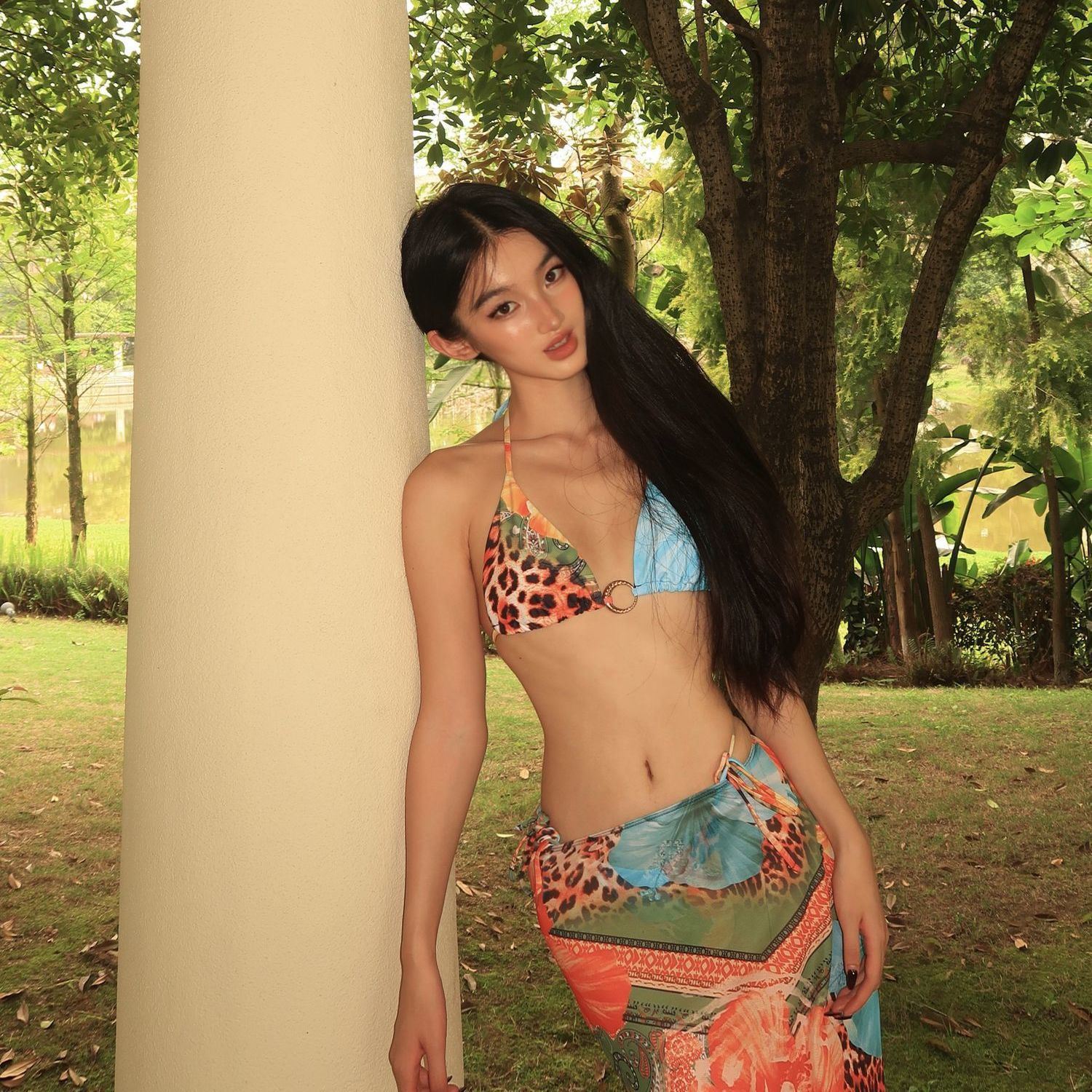 New Sexy European and American Style Leopard Print Orange and Blue Stitching Ins Holiday Style Printed Sexy Bikini Mesh Three-Piece Set