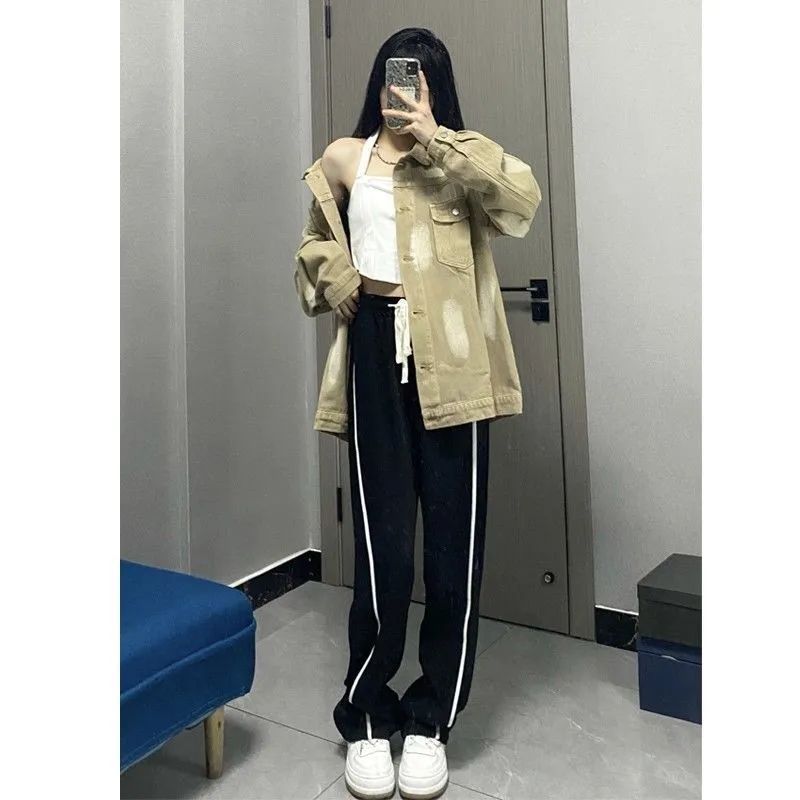 블랙 드로우 스트링 와이드 레그 팬츠 여성의 봄 느슨한 슬리밍 플러스 사이즈 통통녀 높은 허리 디핑 스트레이트 캐주얼 스포츠 바지
