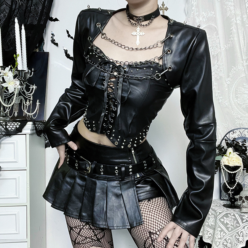 Cf25256 Dark Detachable Chain Leather Jacket 2025 New Gothic Style Street Stylish Punk Leather Jacket
