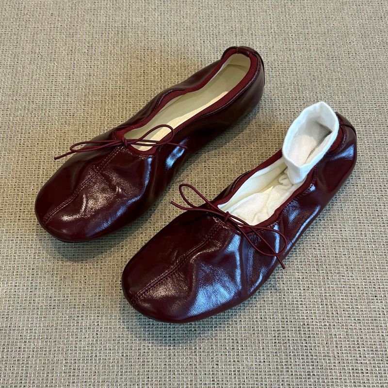 In Stock~Vintage Style Burgundy Single Shoes with Bowknot, Ballet Flats, Flat Round-Toe Loafers, Comfortable Granny Shoes