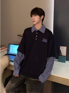 CGSYJ American Fake Two-piece Polo Shirt Long-sleeved T-shirt Men's and Women's Casual Loose All-match Stitching Top Fashionable