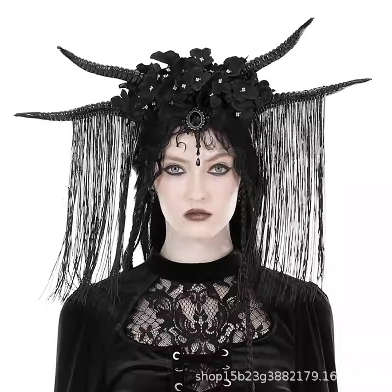 Gothic Dark Simulated Antelope Horn Headband Halloween Cosplay Tassel Flower Party Accessory Headband